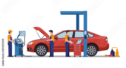 Car maintenance scene with mechanics working in a garage