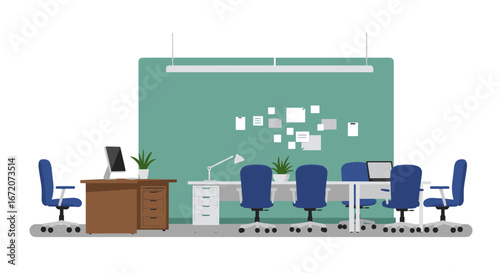 Modern office interior with desks and chairs in flat style