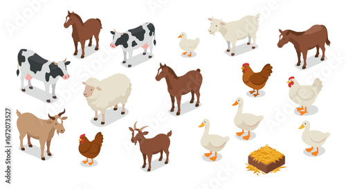 Isometric farm animals set with cows, sheep, goats, horses, ducks, and chickens