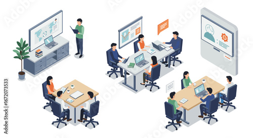 Modern office environment with collaborative teams in isometric design