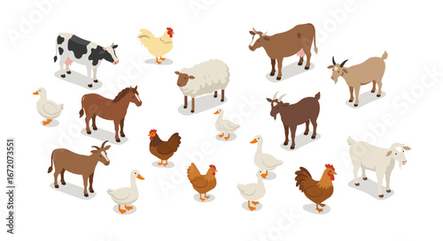 Isometric farm animals collection: diverse livestock illustrations featuring cows, sheep, chickens, and more