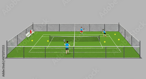 Isometric tennis court with players and flying tennis balls in action