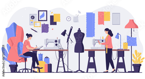 Seamstress workspace creativity, crafting clothes in modern flat style