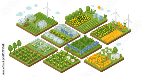 Sustainable agriculture: isometric farming with greenhouses, solar panels, and wind turbines