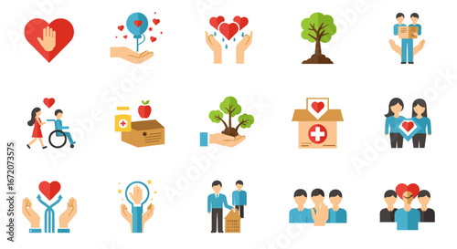 Charity and volunteer icons: hands holding hearts and trees, diverse helping themes