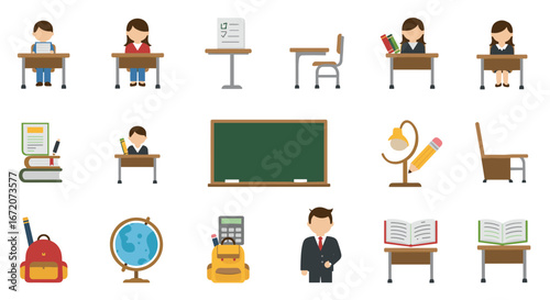 Flat style educational icons: classroom, students, books, and supplies