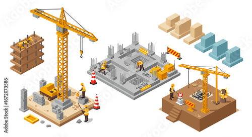 Isometric construction site visual with crane and workers in detailed 3d layout