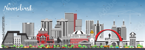 Novosibirsk Russia city skyline with color buildings and blue sky. Novosibirsk cityscape with landmarks. Business travel and tourism concept with modern and historic architecture.
