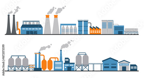 Flat industrial factory skyline with smoke stacks and warehouses