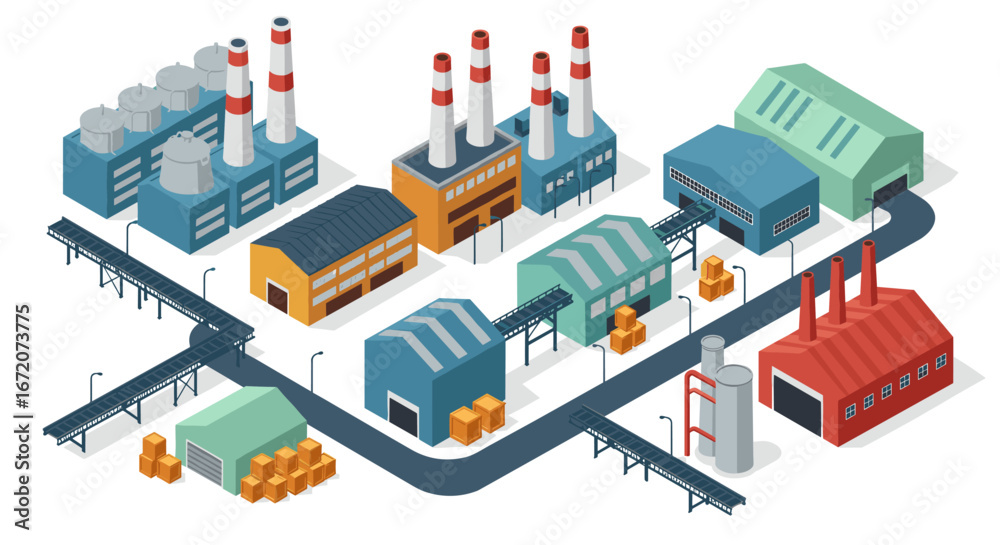Obraz premium Isometric industrial complex with factories and warehouses