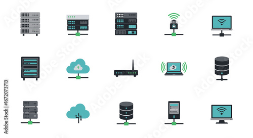 Network and cloud computing icons set with servers, routers, and wireless connections
