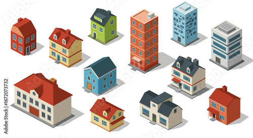 Isometric building set: diverse urban and suburban structures collection