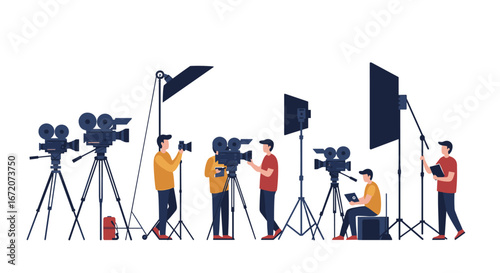 Film crew working on set with cameras and lighting equipment in flat design