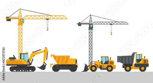 Construction vehicles and cranes in flat design on white background