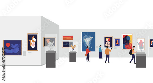Art gallery visit with modern paintings and sculptures in flat design