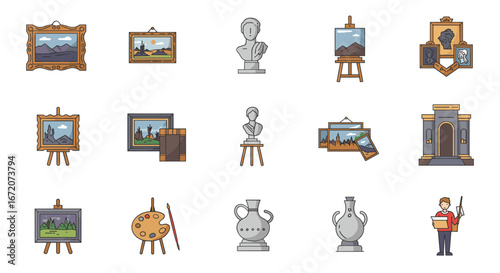 Art gallery icons collection featuring paintings, sculptures, and easels in flat cartoon style