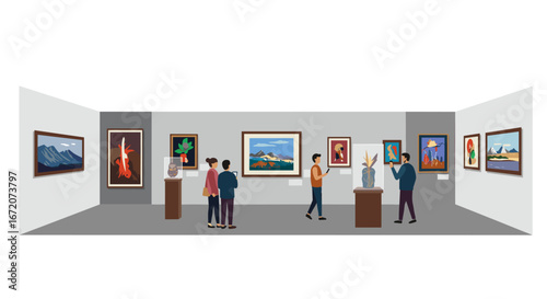 Contemporary art gallery scene with visitors admiring paintings and sculptures