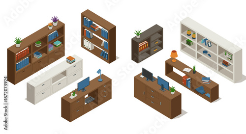Contemporary office furniture set with bookshelves and storage units in isometric design