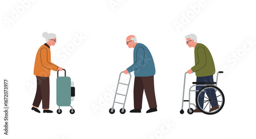 Elderly individuals with mobility aids: walkers and wheelchair illustration