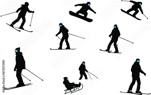 Silhouettes of skiers and snowboarders, winter sport activity, family fun, snow sledding, skiing adventure, ski holiday, cold outdoor recreation