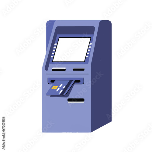 Atm machine dispenses credit card in a bank setting, symbolizing financial transactions and accessibility for customers, with a clean and modern aesthetic.
