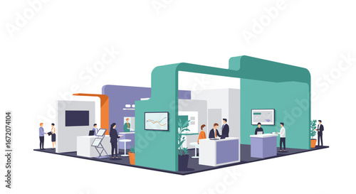 Modern exhibitor booth with visitors in a creative business expo setting