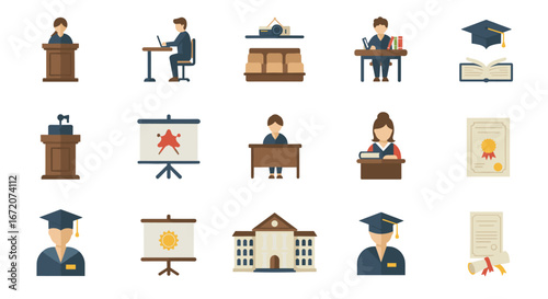 Academic and educational icons featuring professors, students, lectures, and graduation in flat design