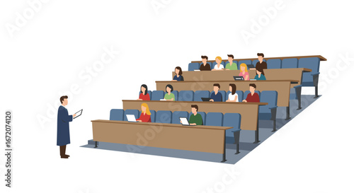 Lecture hall with students and teacher in a modern classroom setting
