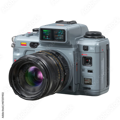 Gray digital camera with lens.  Front view, showing details of the controls and lens