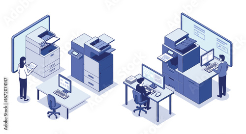Modern office workflow with isometric printers and computers