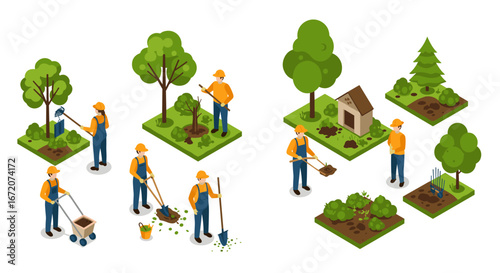 Isometric gardening scene: workers planting trees and shrubs in a park setting