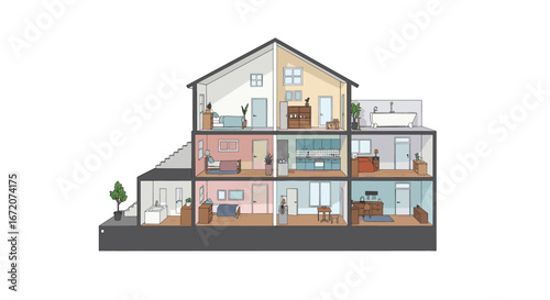 Detailed cross-section of modern three-story house with interior design and furnishings