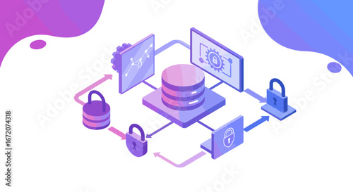 Isometric digital security concept with locks and data flow