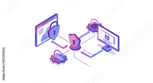 Isometric digital security concept with shield and lock elements