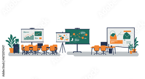 Modern office meeting room with presentation equipment and plants