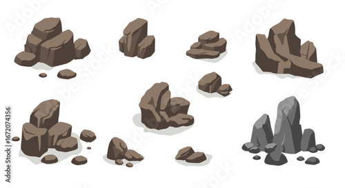 Cartoon style rock formation collection on white background for games and animation