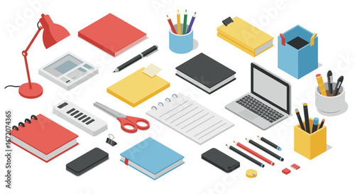 Isometric office supplies arrangement with books, gadgets, and stationery essentials