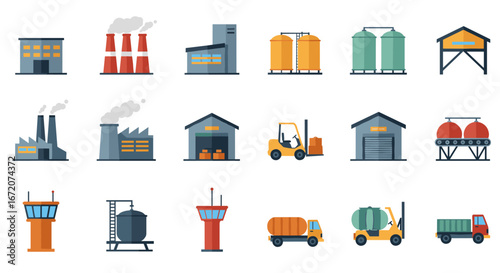 Industrial logistics icons set featuring warehouses, factories, and vehicles in flat design