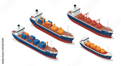 Isometric cargo and tanker ships with containers and tanks on white background