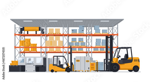 Modern warehouse interior with shelving and forklifts