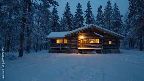 Cozy Winter Cabin in Snow Covered Forest at Twilight Finland