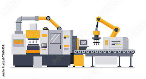 Modern factory automation with robotic arms and conveyor system