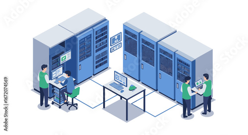 Modern data center isometric design with server racks and it professionals