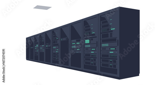 Modern isometric server room design with dark cabinets and green lights