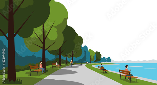 Scenic park pathway with benches and people by a lake in a flat design