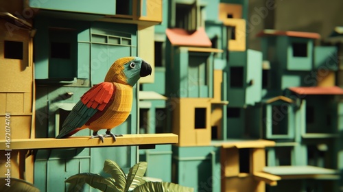 Colorful Parrot Perched on Modern Architecture in a Vibrant Urban Environment with Eclectic Housing and Artistic Design Elements