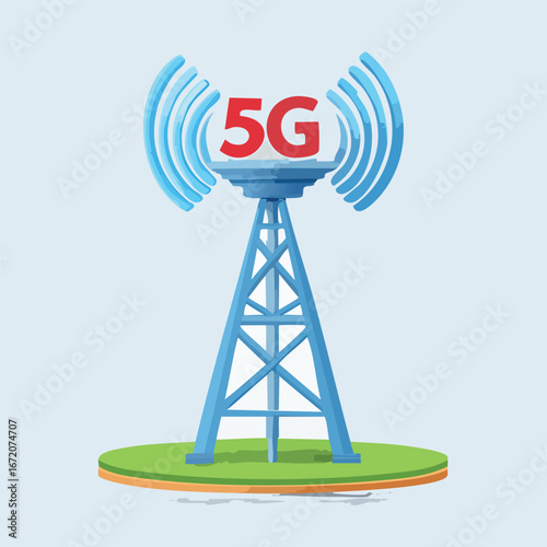 Cartoon illustration of a 5G cellular tower with radio waves.