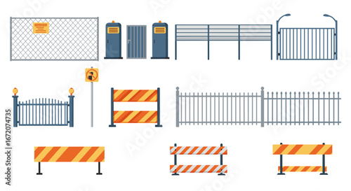 Urban fences and barriers collection for construction and safety scenes
