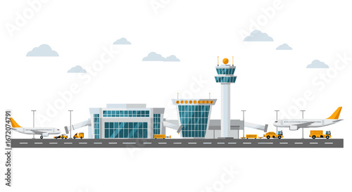 Modern airport terminal with airplanes and control tower