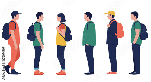 Diverse group of students standing in line with backpacks in flat design style